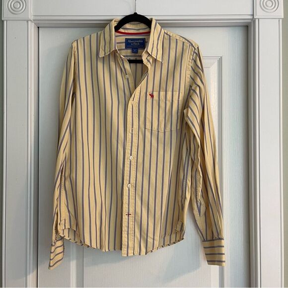 Abercrombie & Fitch Men's Yellow and Blue Striped Shirt - Picture 1 of 8